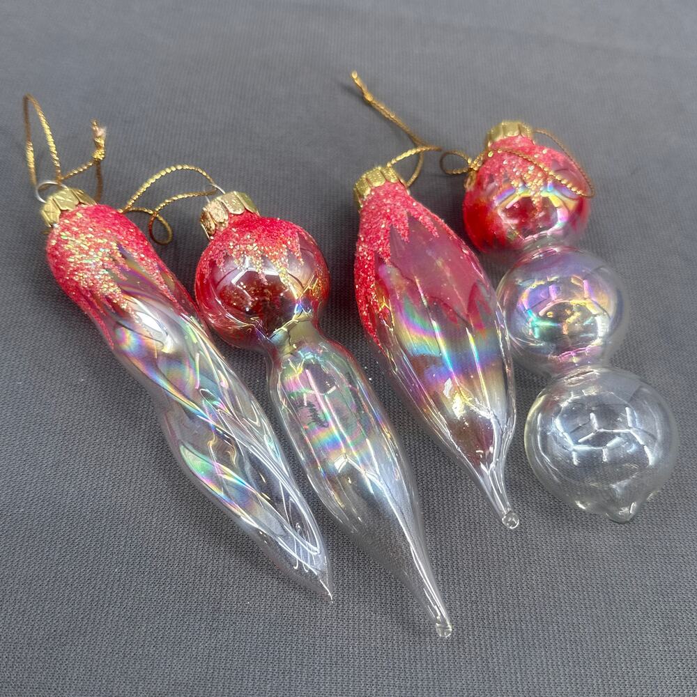 4 VTG Blown Glass Icicle Christmas Ornaments Clear Iridescent Pink Glitter Glam